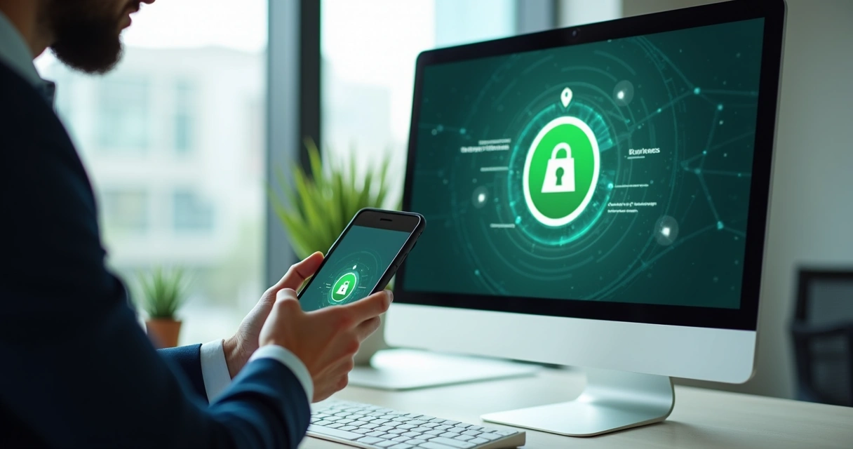 Pessoa mexendo no WhatsApp Business em um escritório moderno 