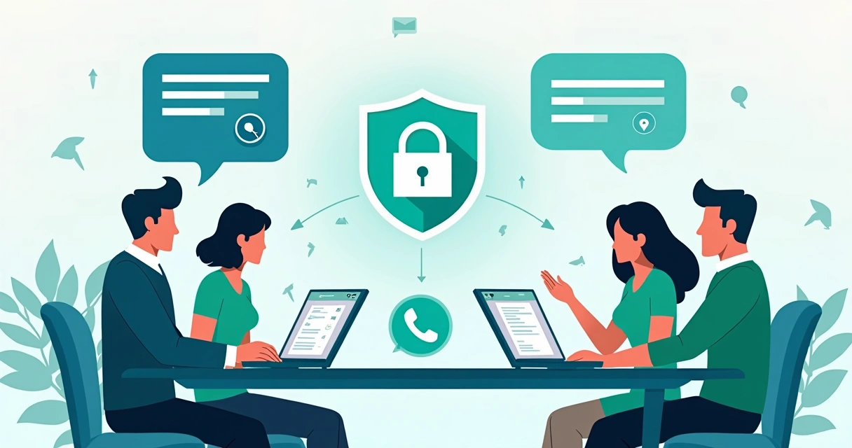 Equipe ao redor de computadores discutindo segurança no WhatsApp 