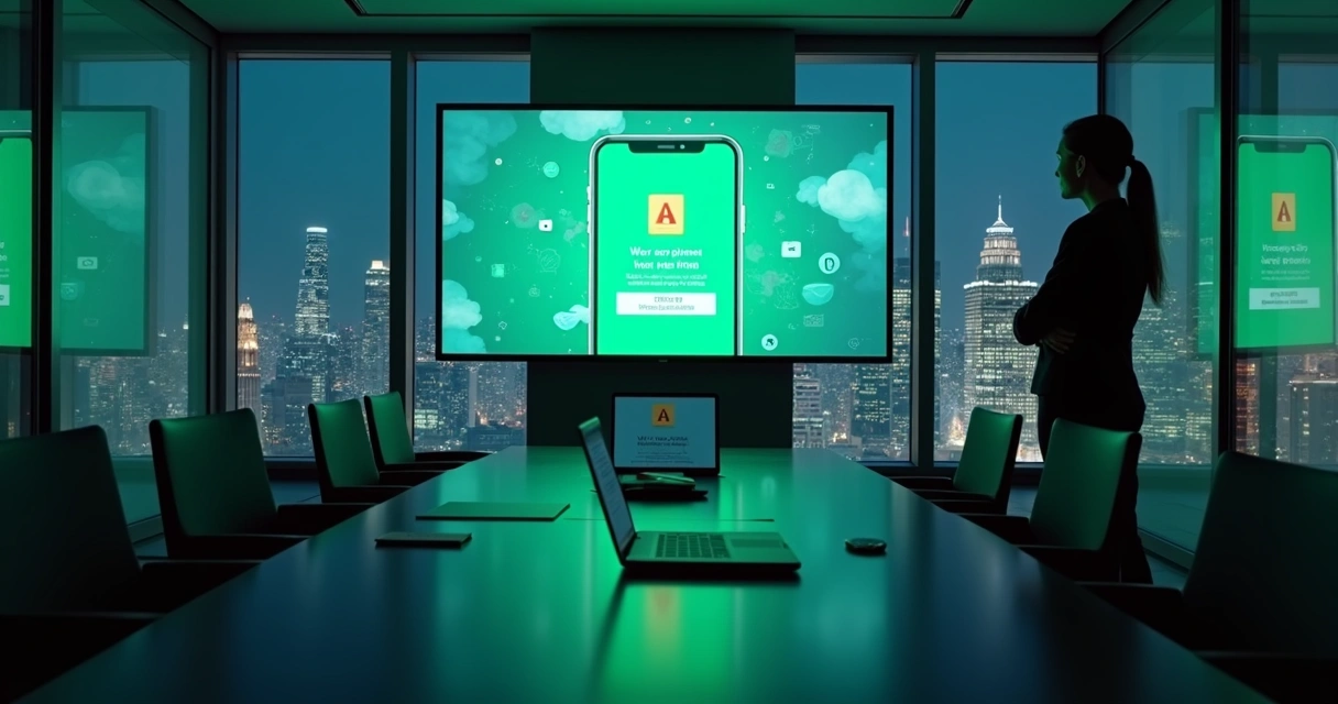 Gestora em sala corporativa protegendo conta de WhatsApp em grande tela digital 