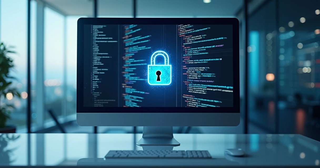 Código em tela de computador com cadeado digital na frente 
