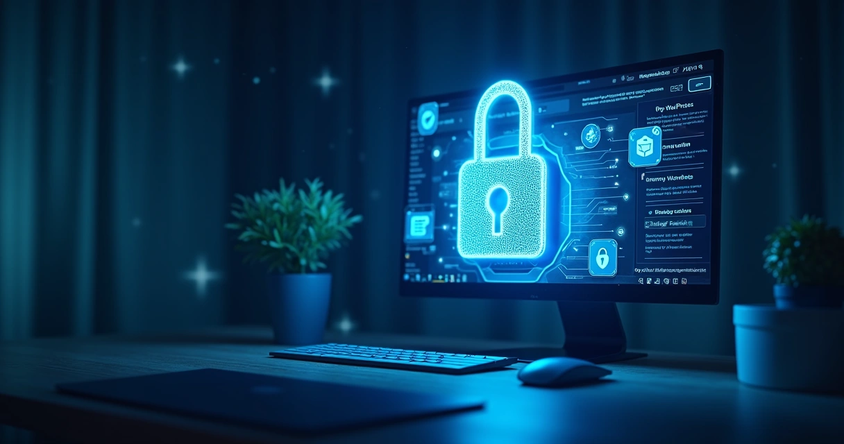 Elementos de segurança digital ao redor de site WordPress em tela. 