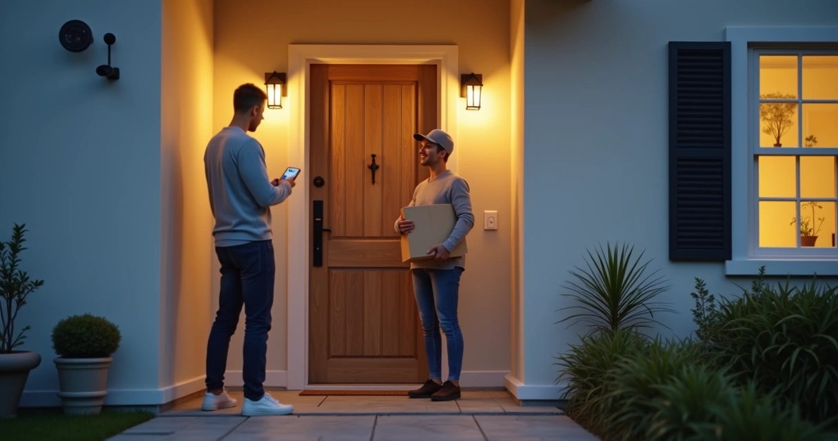 Persona observando una cámara de seguridad en la puerta de casa. 