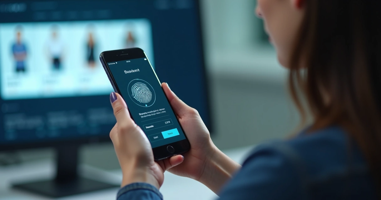 Mujer usando tarjeta virtual con autenticación biométrica en smartphone 