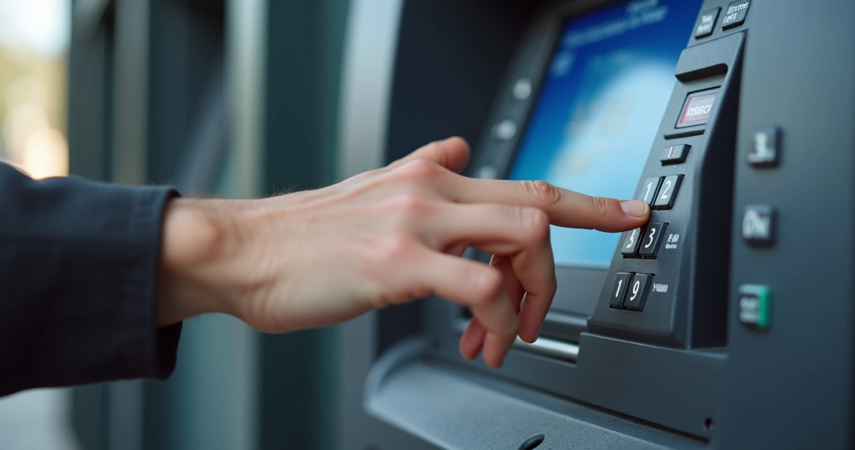 Persona teclea PIN en un cajero automático moderno 
