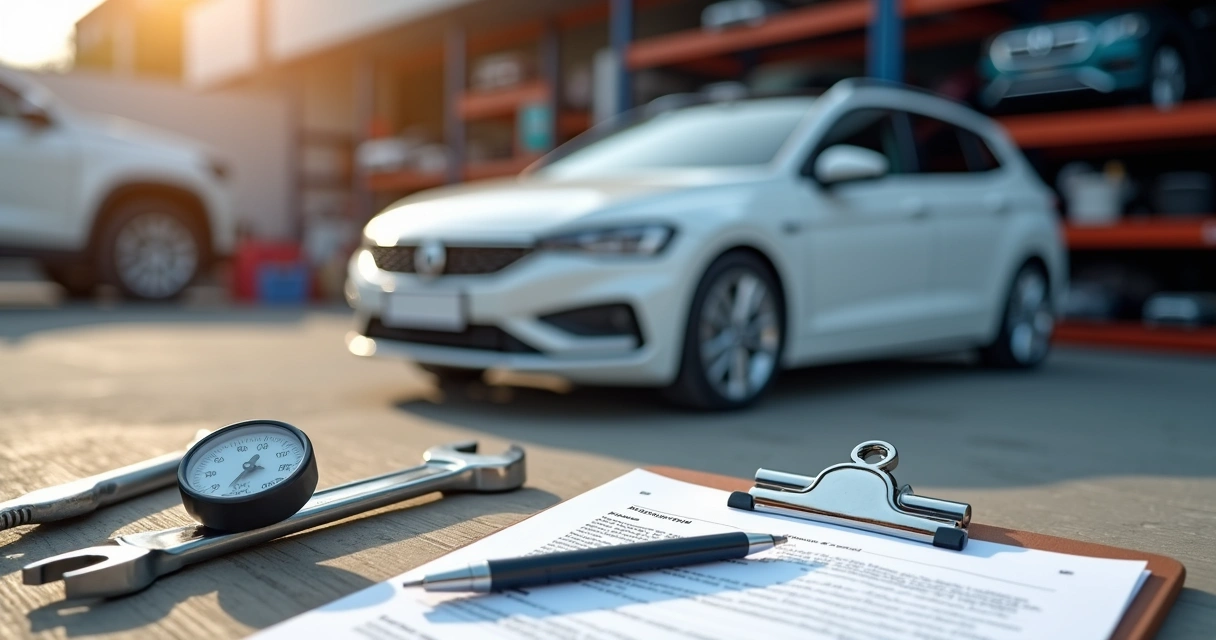 Carro branco estacionado em frente a uma oficina com ferramentas e documentos de seguro ao lado 