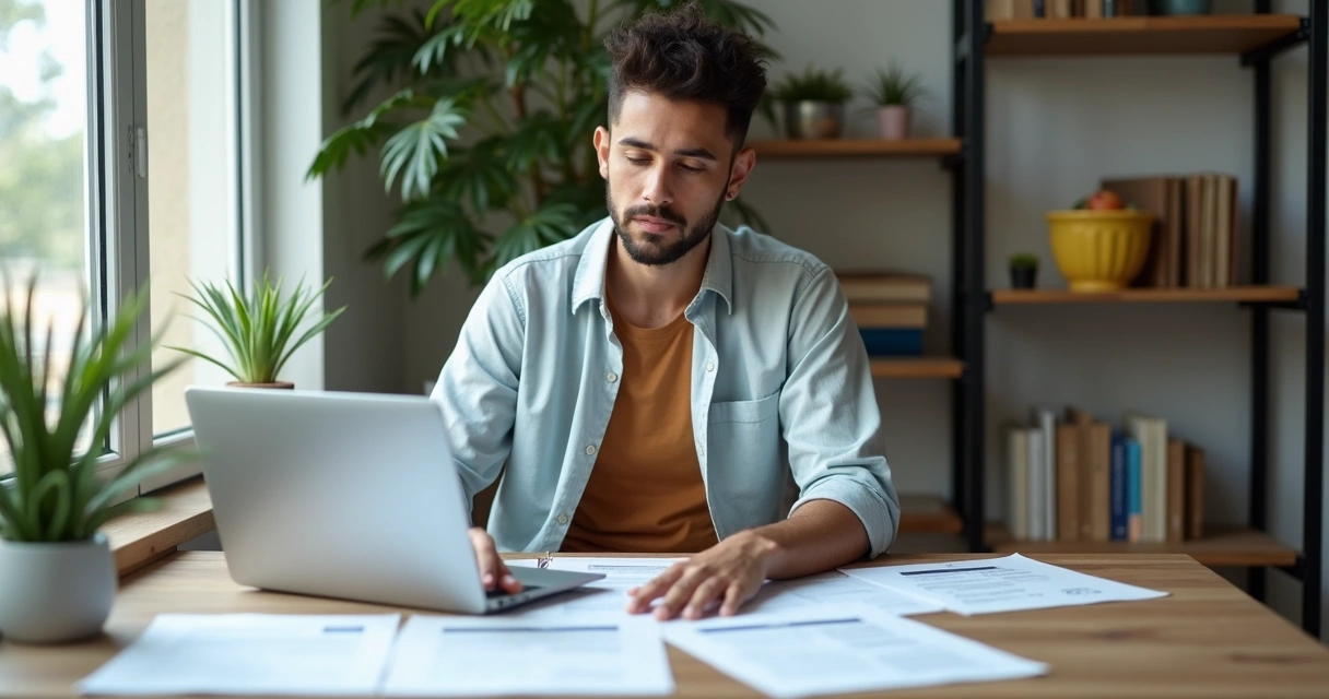 Pessoa analisando opções de seguro em casa, ambiente moderno e relaxado com papéis e notebook na mesa 