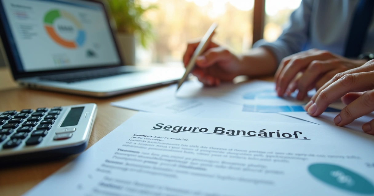 Mesa de escritório com documentos de seguro, caneta e mãos analisando contratos