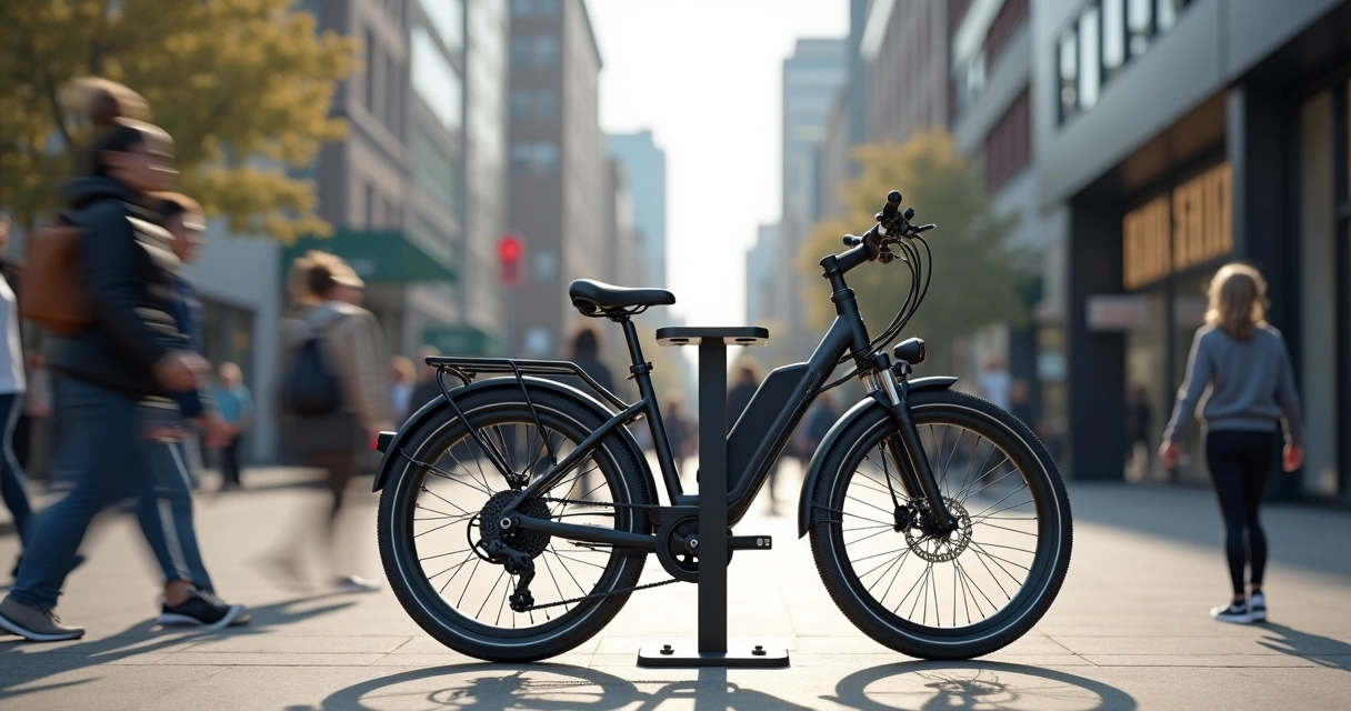 Bicicleta elétrica estacionada com tranca em rua movimentada 