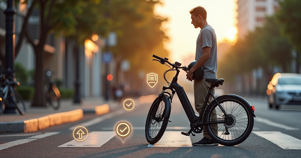 Ciclista com bicicleta elétrica parada em rua urbana segurando capacete e cadeado 