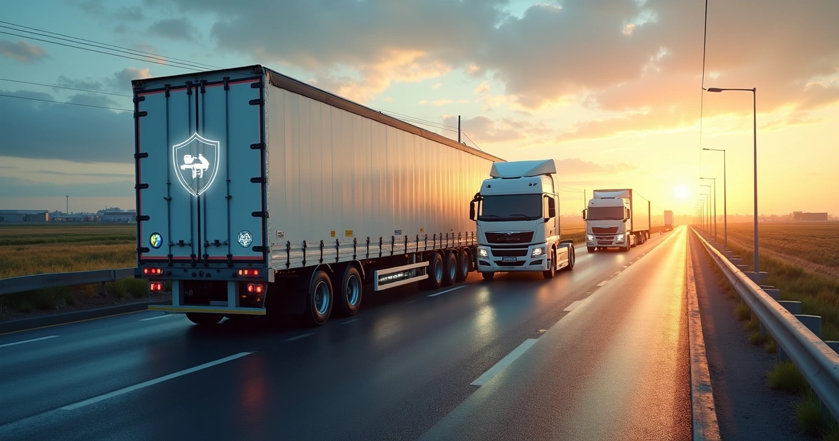 Caminhão de carga e frota em rodovia com ícones de proteção digital 