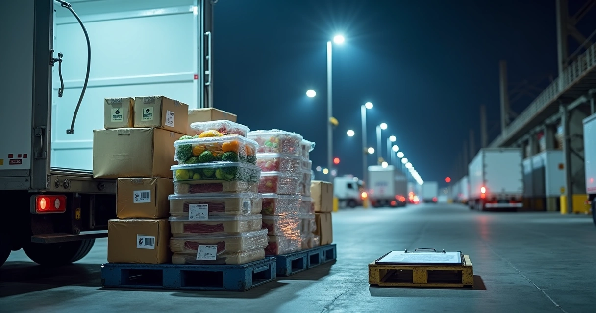 Caminhão frigorífico vazio em doca com caixas de alimentos perecíveis prontas para embarque 