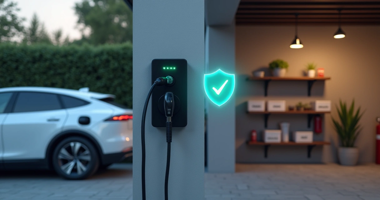 Carregador de veículo elétrico em garagem moderna com foco em proteção e segurança 