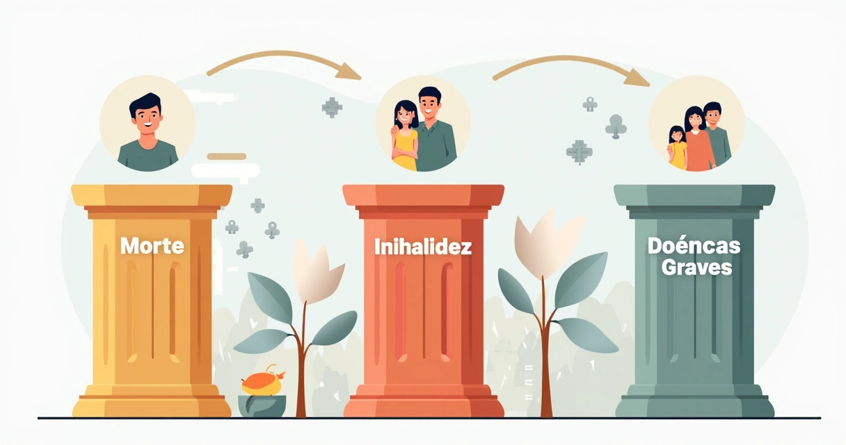 Ilustração de três pilares de seguro de vida: morte, invalidez, doenças graves, representados por ícones únicos e distintas cores. 