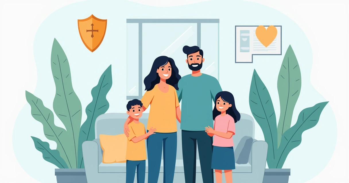 Pais abraçados com filhos, símbolos de proteção e escudo ao fundo 