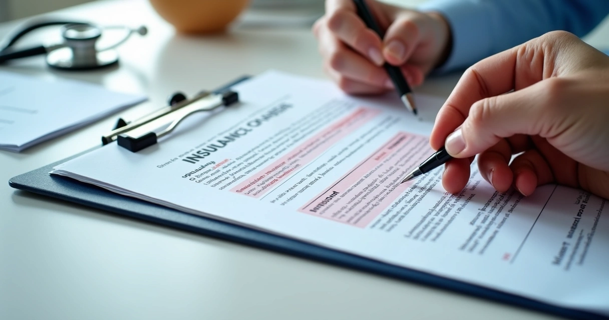 Detalhe de contrato de seguro médico com cláusulas destacadas 