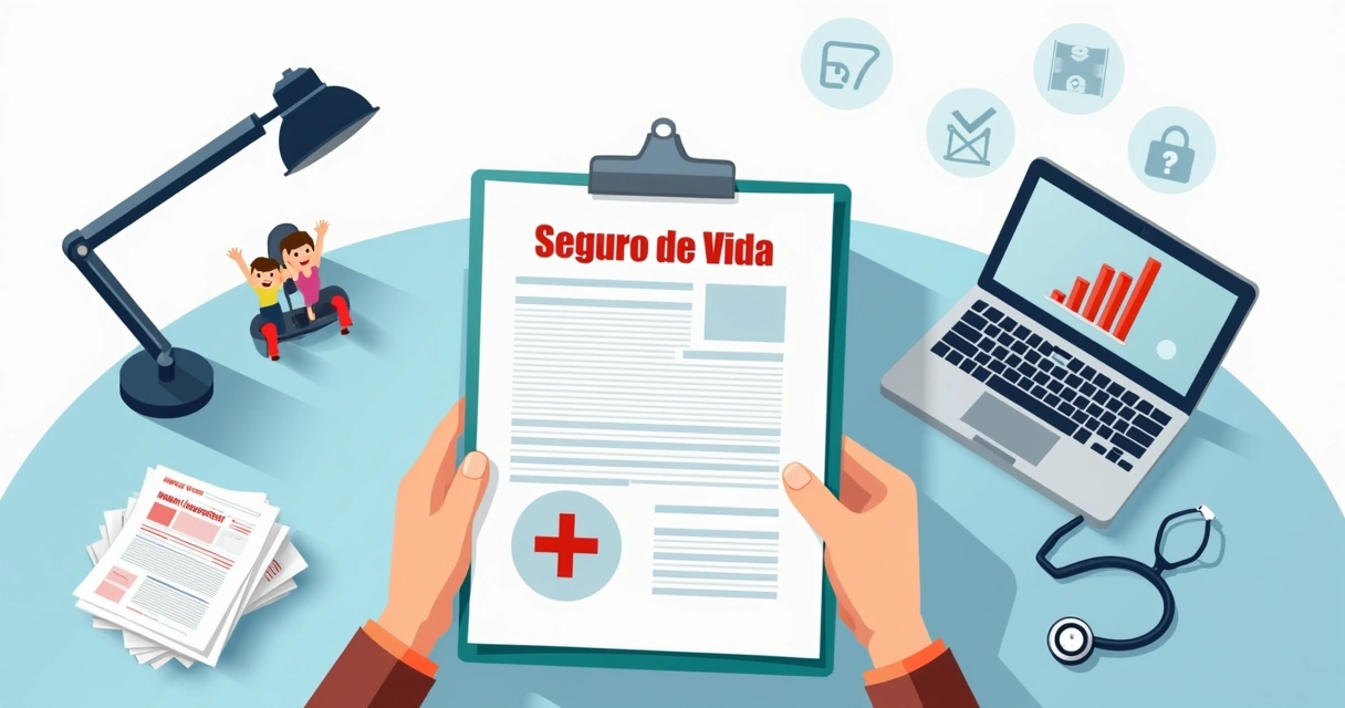 Ilustração de contrato de seguro, documentos legais e mãos segurando uma apólice 