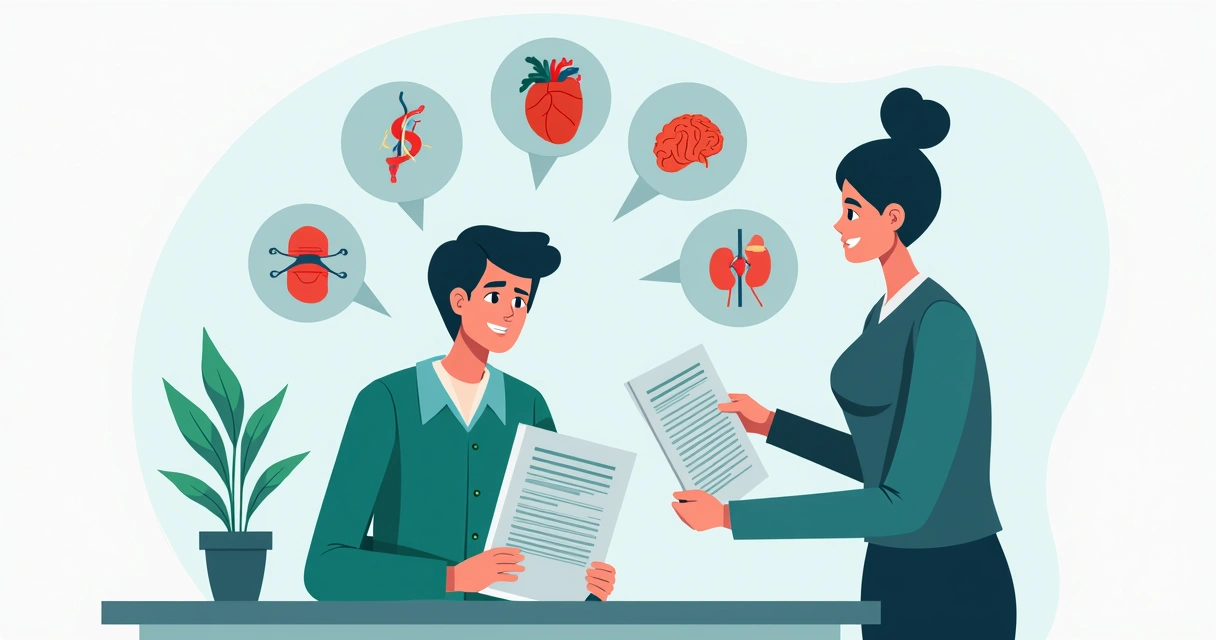 Mãos segurando documentos de apólice de seguro e uma ilustração de doenças, com médico explicando ao cliente. 