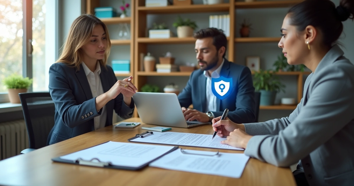 Pequeno empresário em loja assinando proteção de seguro empresarial 