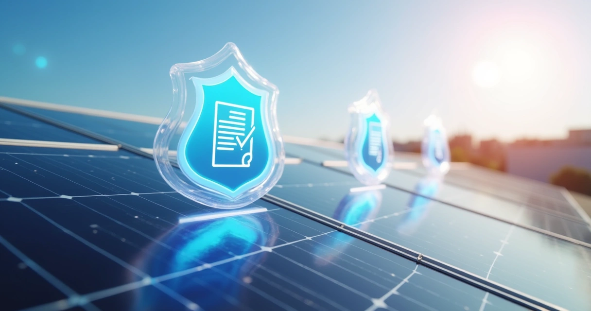 Painel solar fotovoltaico em telhado com ícones de proteção e seguro ao redor 