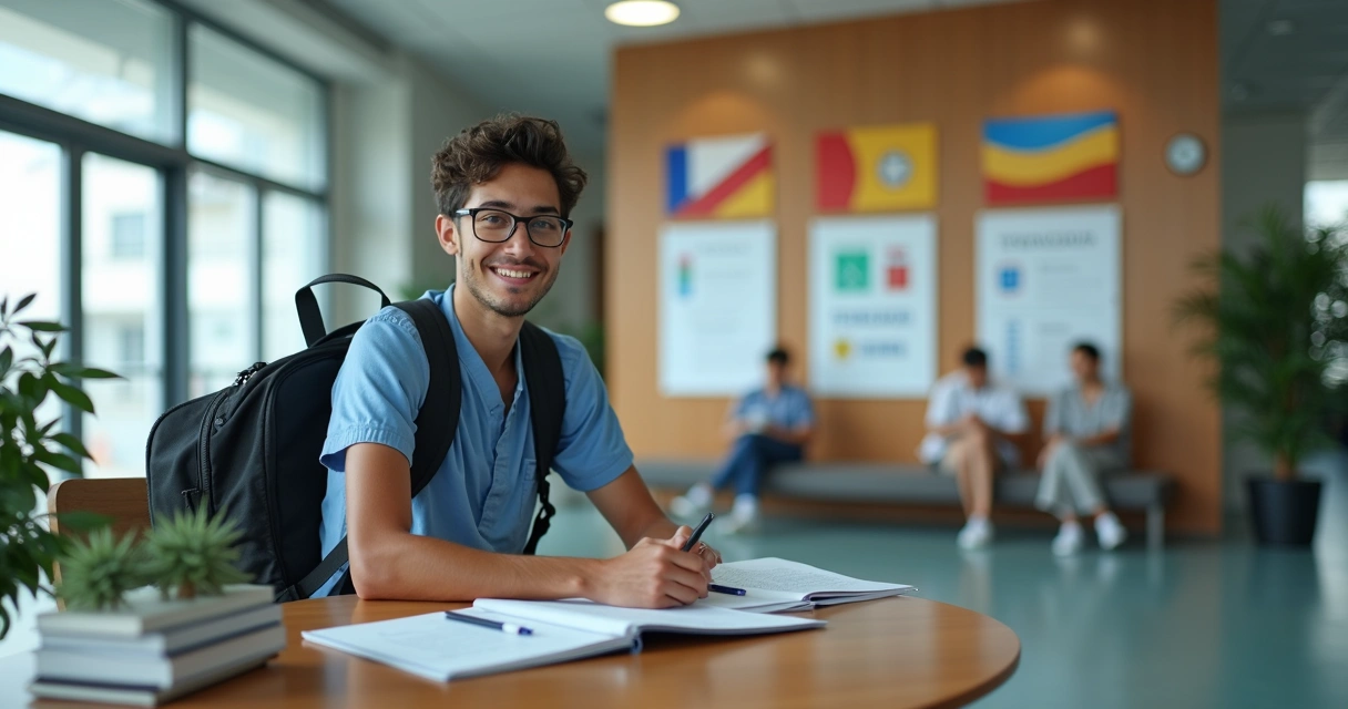 Estudante sentado em uma universidade estrangeira lendo documentos 