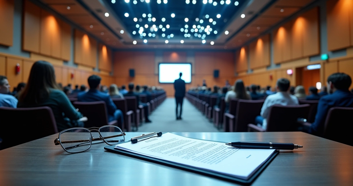 Auditório de evento corporativo com foco em segurança e organização 