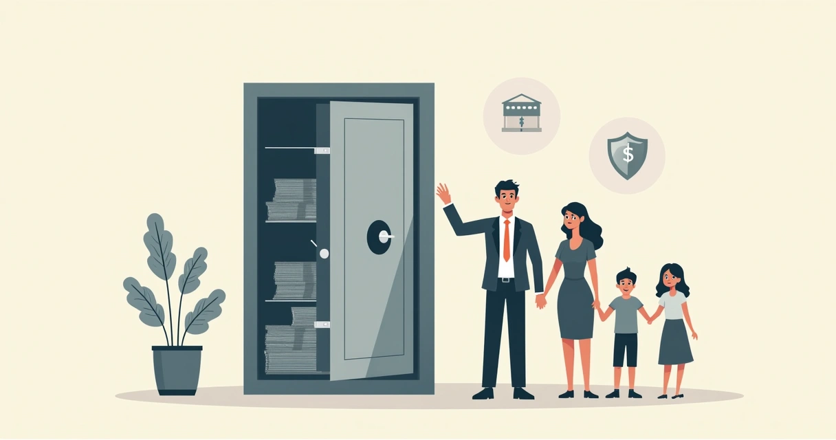 Cofre metálico aberto com pilha de dinheiro protegendo uma família desenhada à frente 