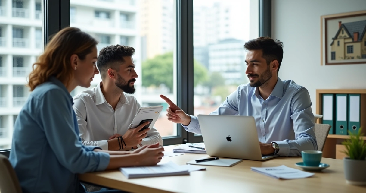 Corretor explica seguro-fiança a jovem casal preocupado durante análise de crédito 