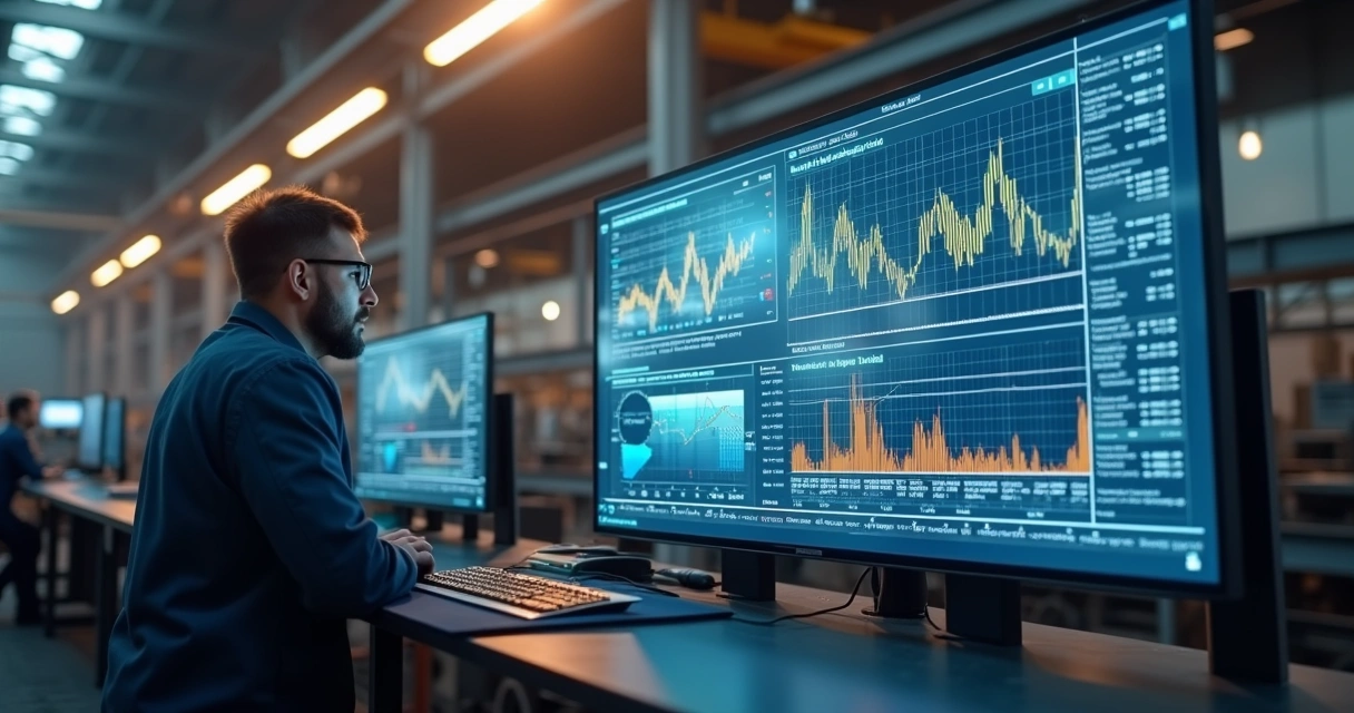 Fábrica de metal industrial com operador monitorando gráficos de preços e certificados de seguro sobrepostos