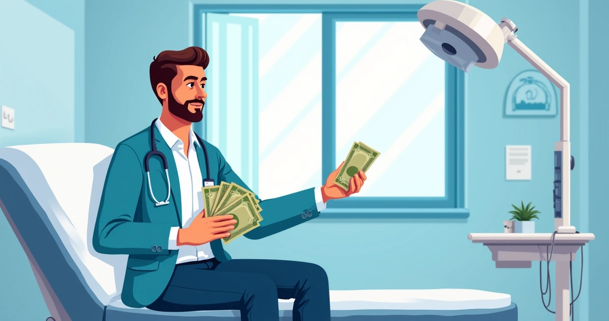 Homem sentado na cama do hospital analisando notas de dinheiro 