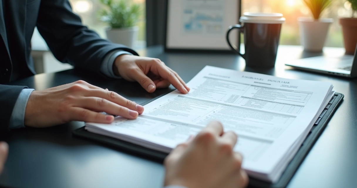 Pessoa segura pasta com papéis sobre seguros, à mesa executiva, ao fundo quadros e caneca, luz suave. 