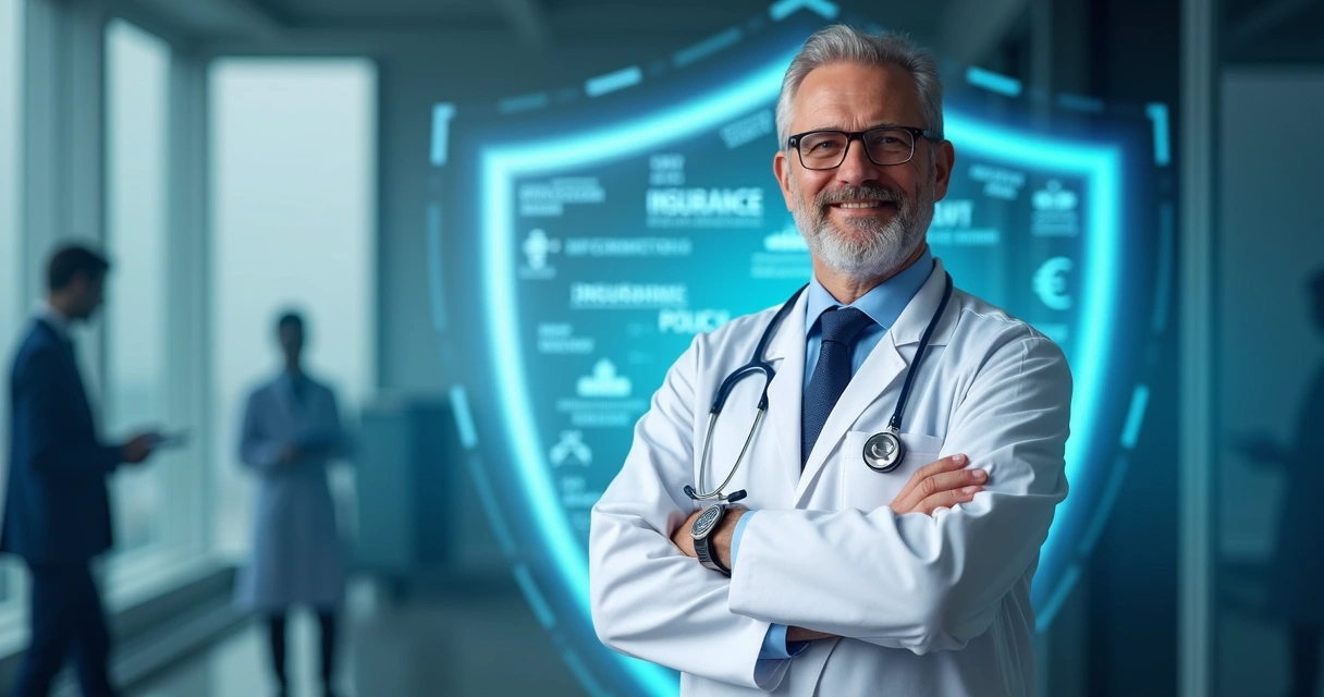 Simulação de um médico protegido por um escudo transparente 