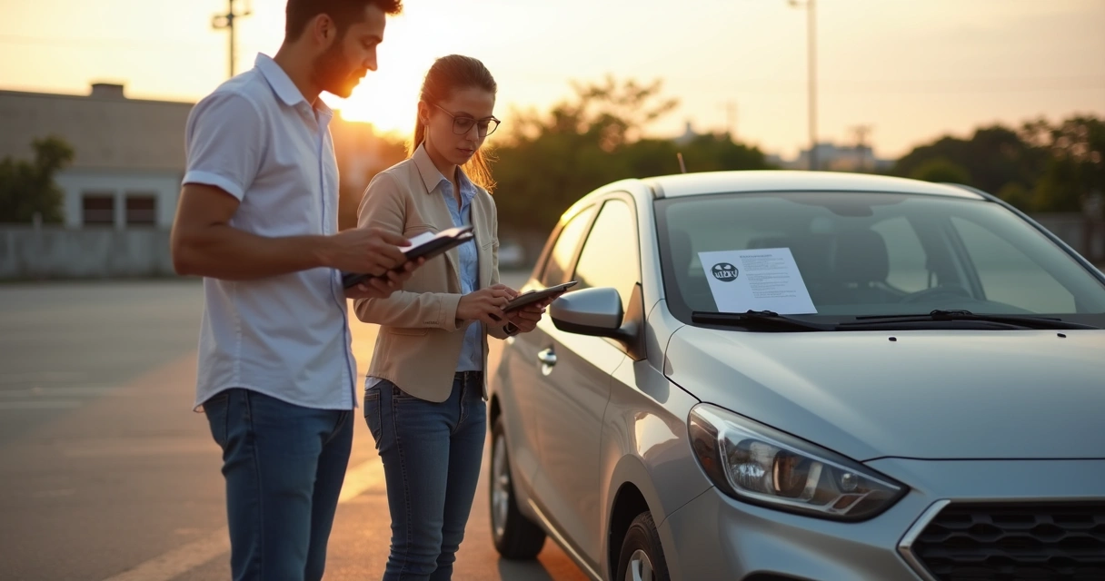 Motorista iniciante ao lado do carro conversando com corretora sobre seguro 