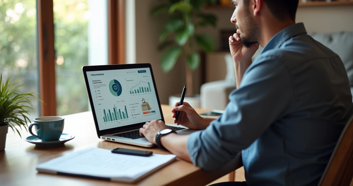 Profissional autônomo em home office analisando opções de seguro no notebook 