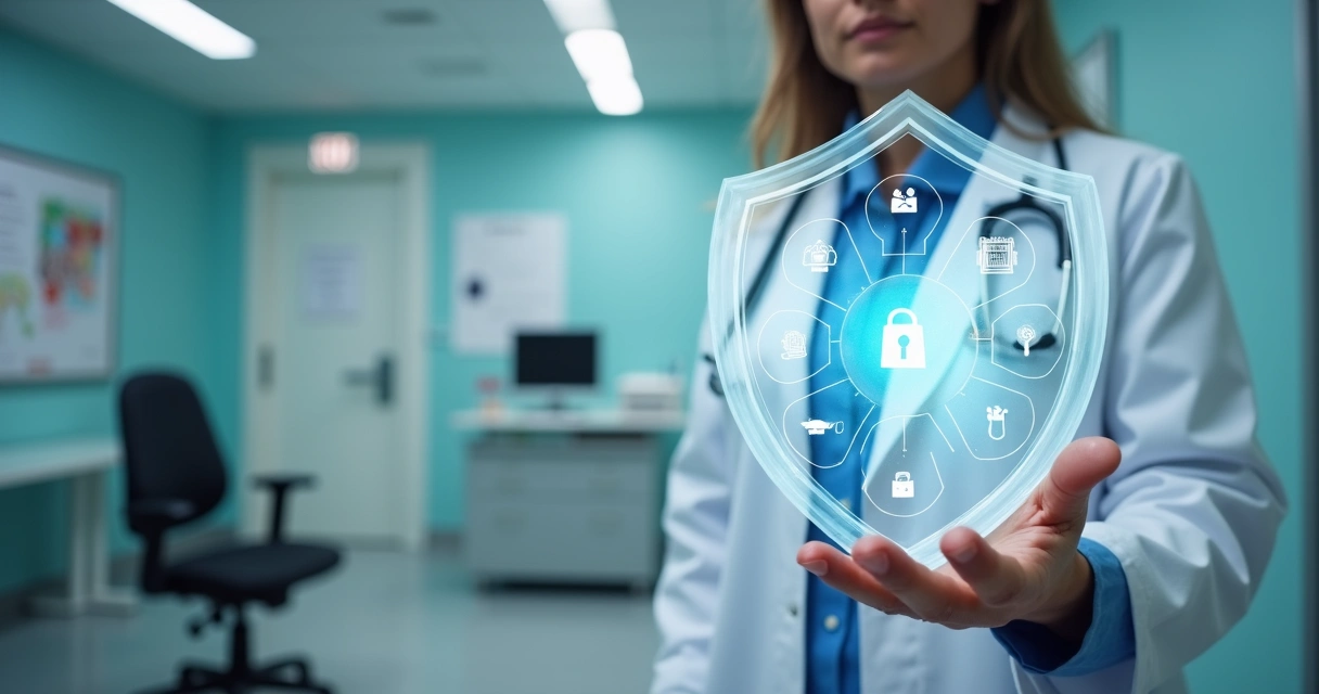 Médico protegendo patrimônio com escudo que simboliza seguro