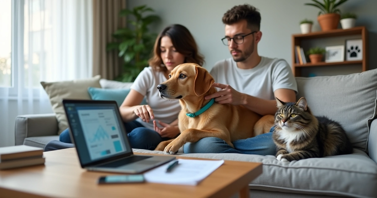 Família com cachorro e gato recebendo orientação sobre seguro pet no sofá 
