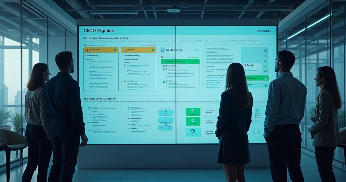 Equipe de desenvolvimento acompanhando painel digital com etapas do pipeline CI