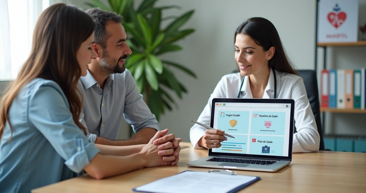 Corretora explicando diferença entre seguro de saúde e plano de saúde para casal em escritório 