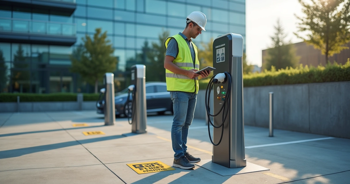 Especialista em vistoria técnica avaliando estação de recarga para veículos elétricos. 