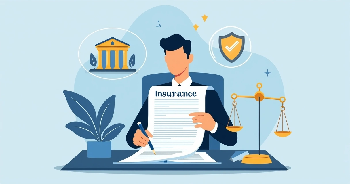 Pessoa assinando apólice de seguro com imagens de escudo e documentos ao redor 