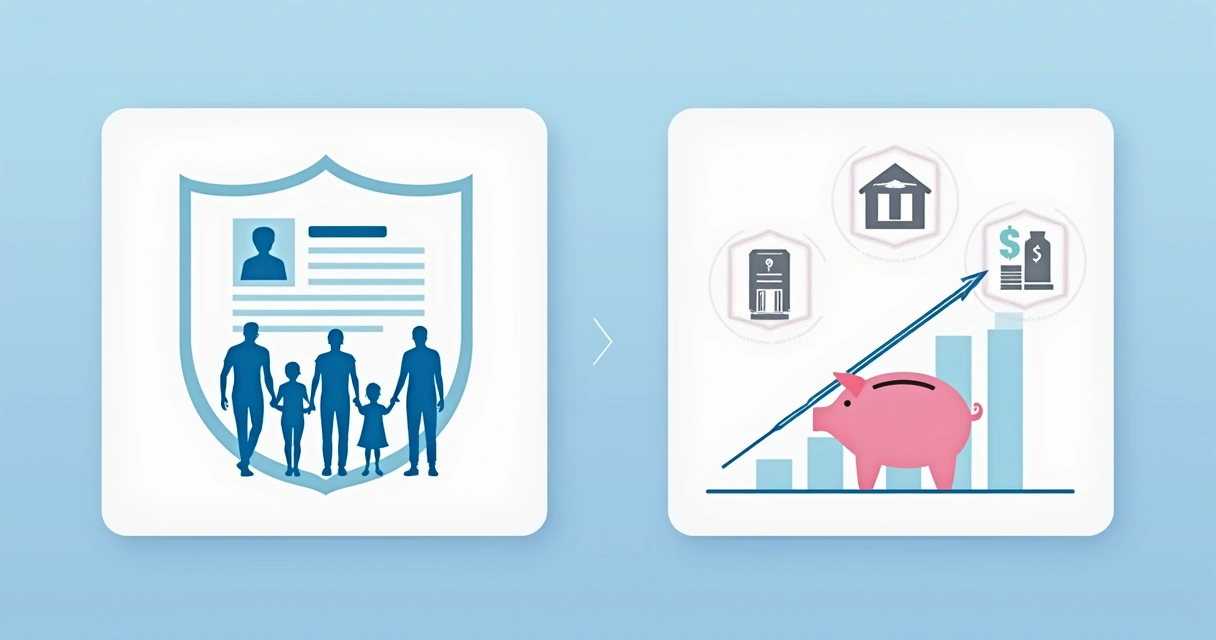 Comparação visual entre seguro de vida tradicional e resgatável, com gráficos e símbolos de dinheiro 