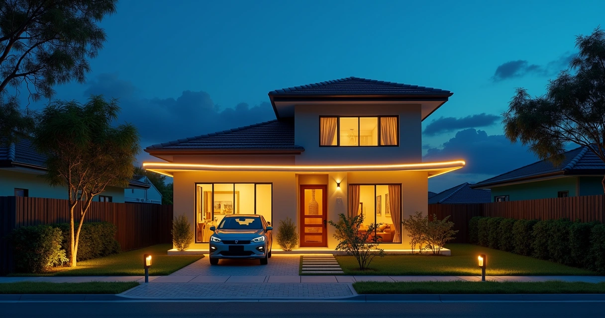 Casa iluminada cercada por corrente de luz representando proteção residencial 
