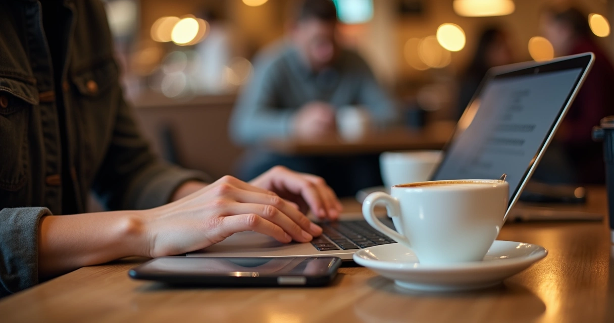 Persona trabajando en una laptop en una cafetería, con smartphone al lado 