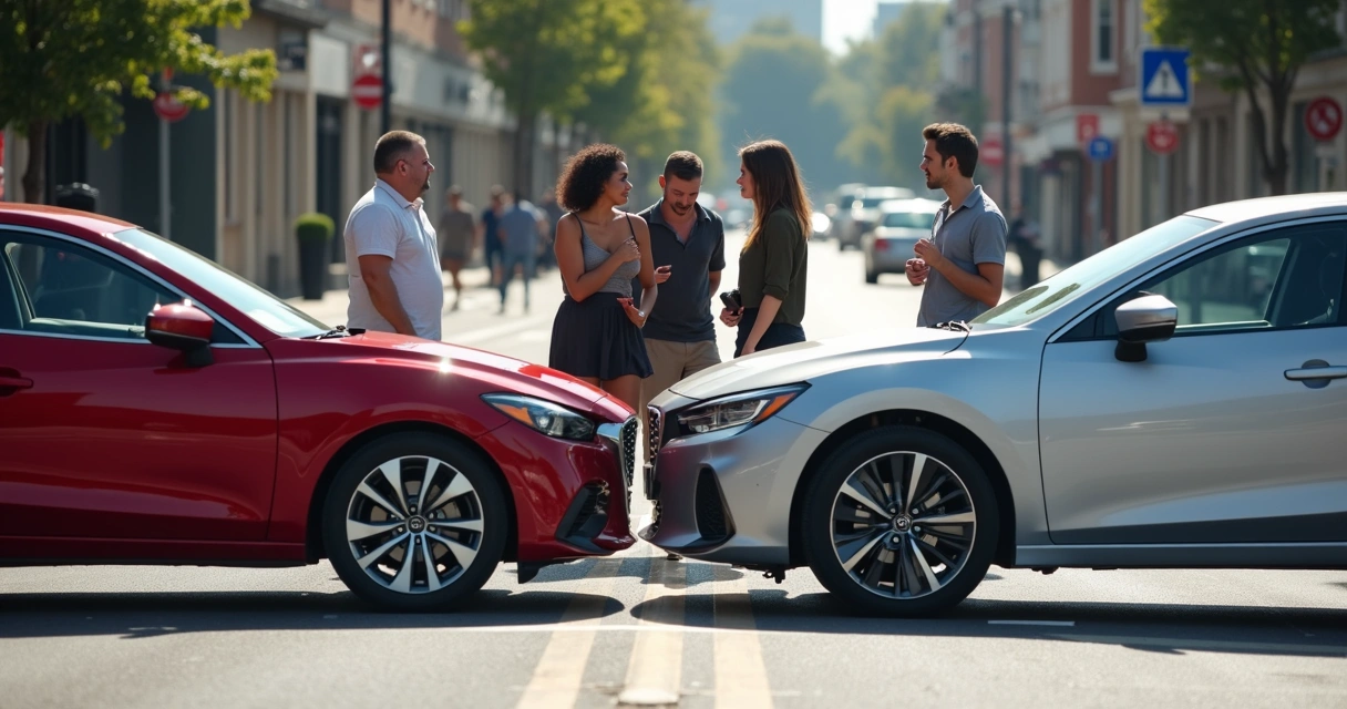Carro envolvido em acidente leve com outro veículo, pessoas conversando ao redor 