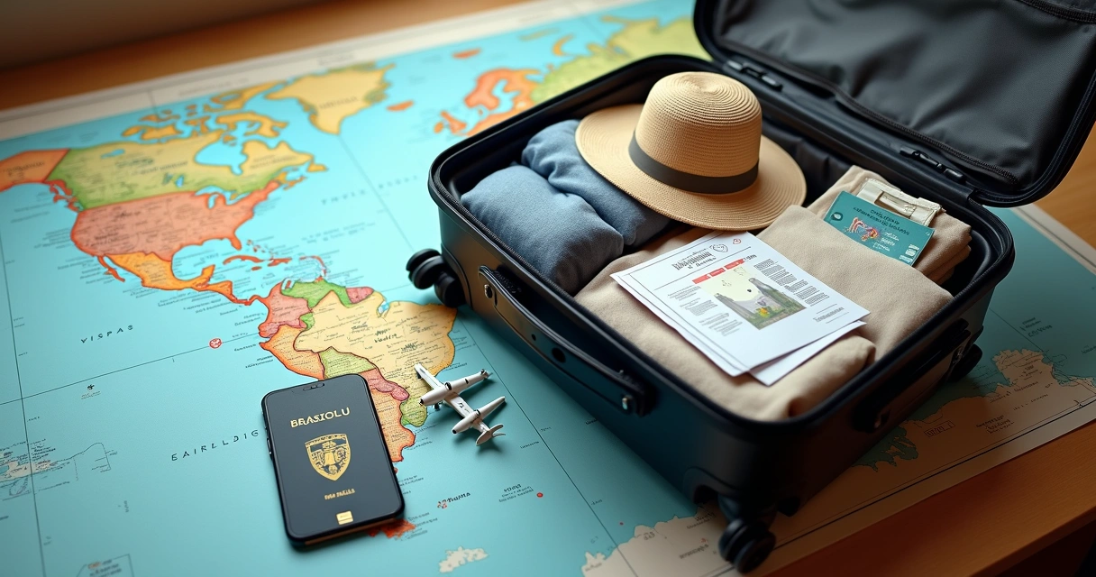 Mala de viagem aberta com passagens e passaporte sobre mapa-múndi e mapa do Brasil 