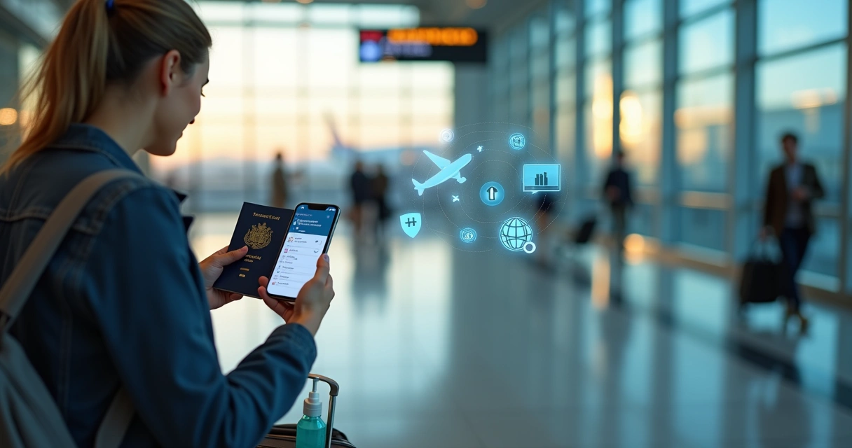 Viajante organizando seguro viagem de última hora em aeroporto moderno 