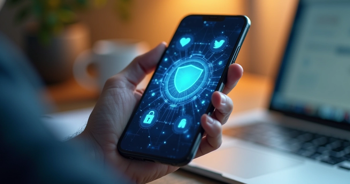 Mão segurando celular exibindo aplicativo de seguro de vida digital com ícones de proteção e tecnologia 