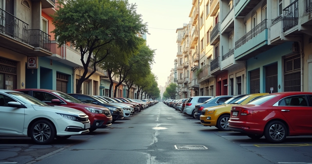 Seis carros usados econômicos estacionados lado a lado em área urbana 