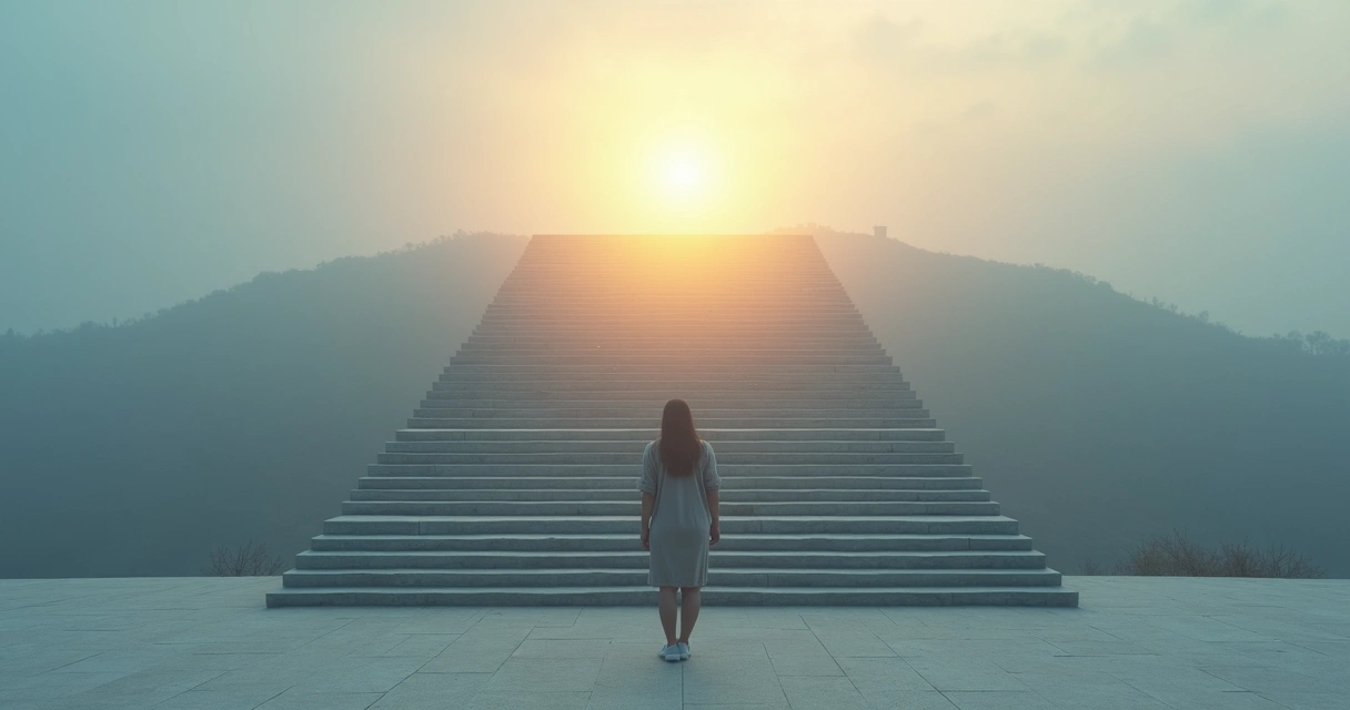 Persona en la base de una escalera de seis niveles observando un horizonte luminoso 