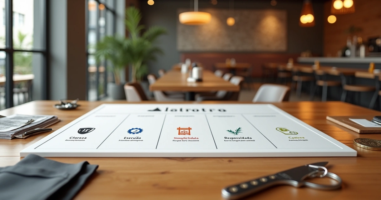 Mesa mostrando modelo visual dos seis pilares de gestão de restaurante 