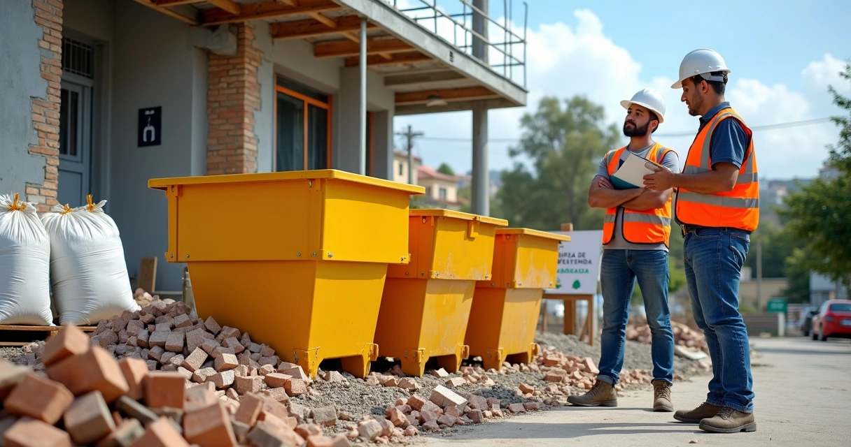 Engenheiro avaliando entulho de obra ao lado de diferentes tamanhos de caçambas 